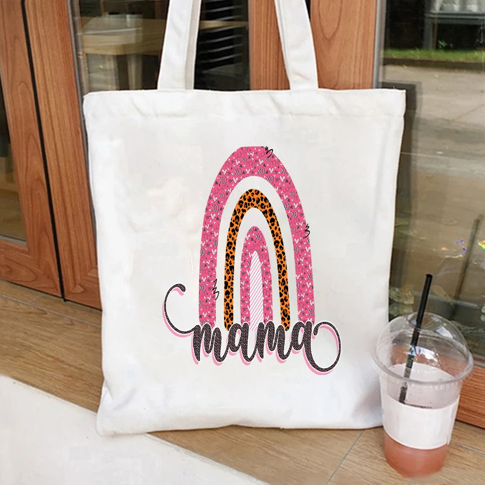 Pink XO Heart Leopard Rainbow MAMA Printed Canvas Tote Bag Reusable Shopping Handbag For Mama Mom Holiday Daily Carry Bag