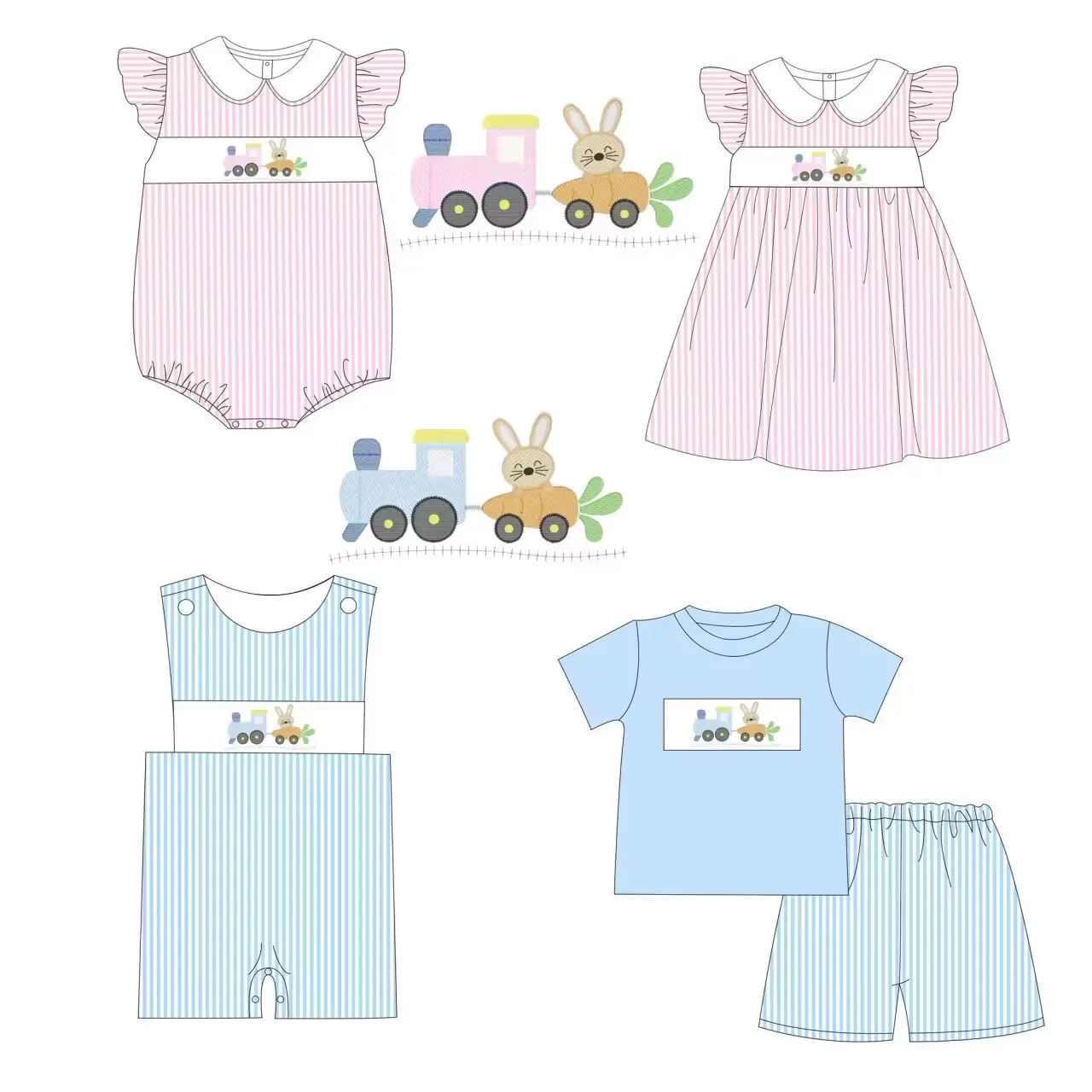 

Easter Hot Deals brother and sister clothes Short sleeve and small flying sleeve series suits rabbit train print