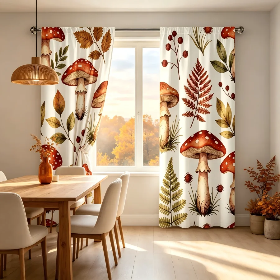 2PCS Digital Print  Curtain, Mushroom Berries, Bohemian Style  Curtain Panel for Home Living Room Bedroom Decor