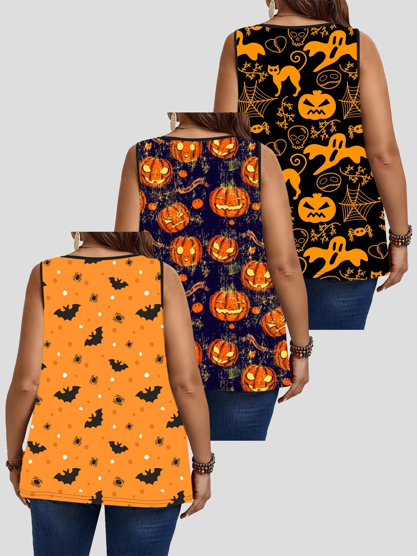 3-Piece Set of Plus-Size Women's Orange Base Cartoon Halloween All-Over Print Tank Tops with Bats, Spiders, and Polka Dots, Round Neck Loose Sleeveless Tops