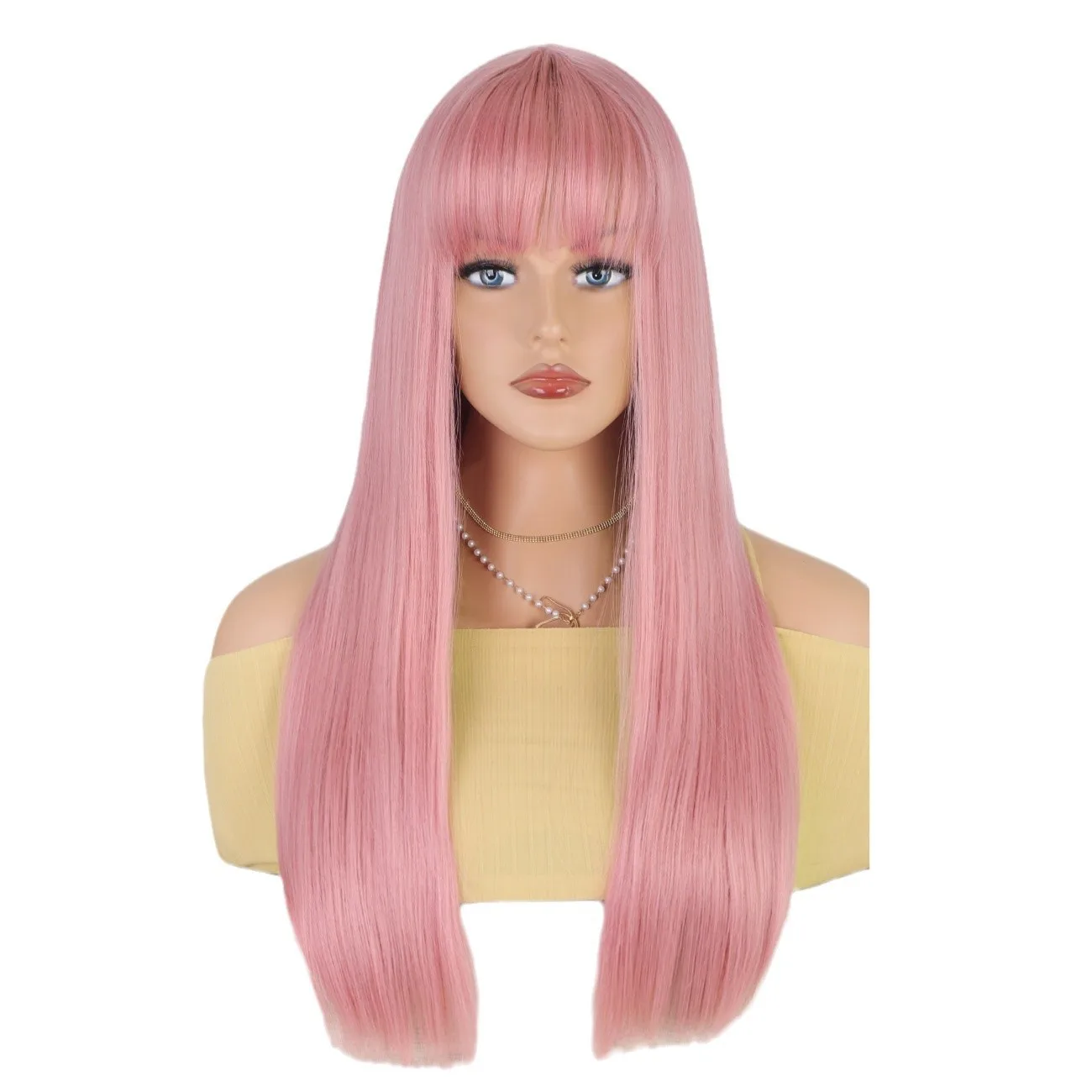 WeirdGoth Women Pink Long Straight Synthetic Wig With Bangs, Full Machine Rose Net Full Head Hair Wigs Wholesale