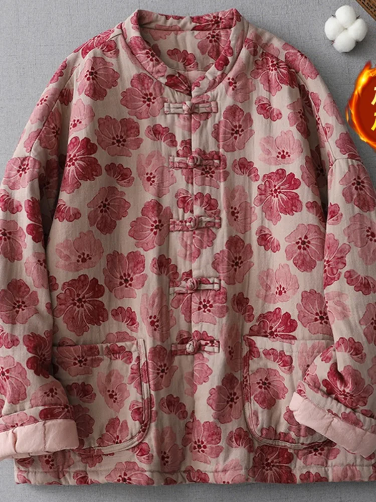 

Thiened Cotton Jaet Women's Winter Leisure Sle Stand Collar Button up Coat Retro Embroidery Long Sve Floral Pattern