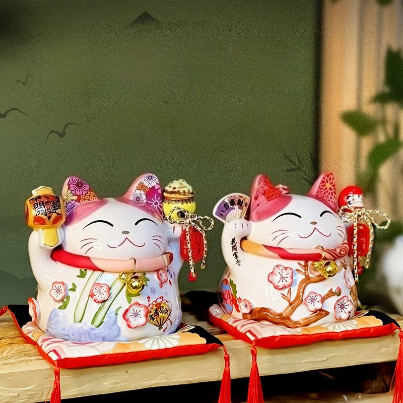 

7 Inch Ceramic Lucky Cat Money Bank Sakura Japanese Maneki Neko Fortune Cat Home Office Decor Living Room Gift Ornament