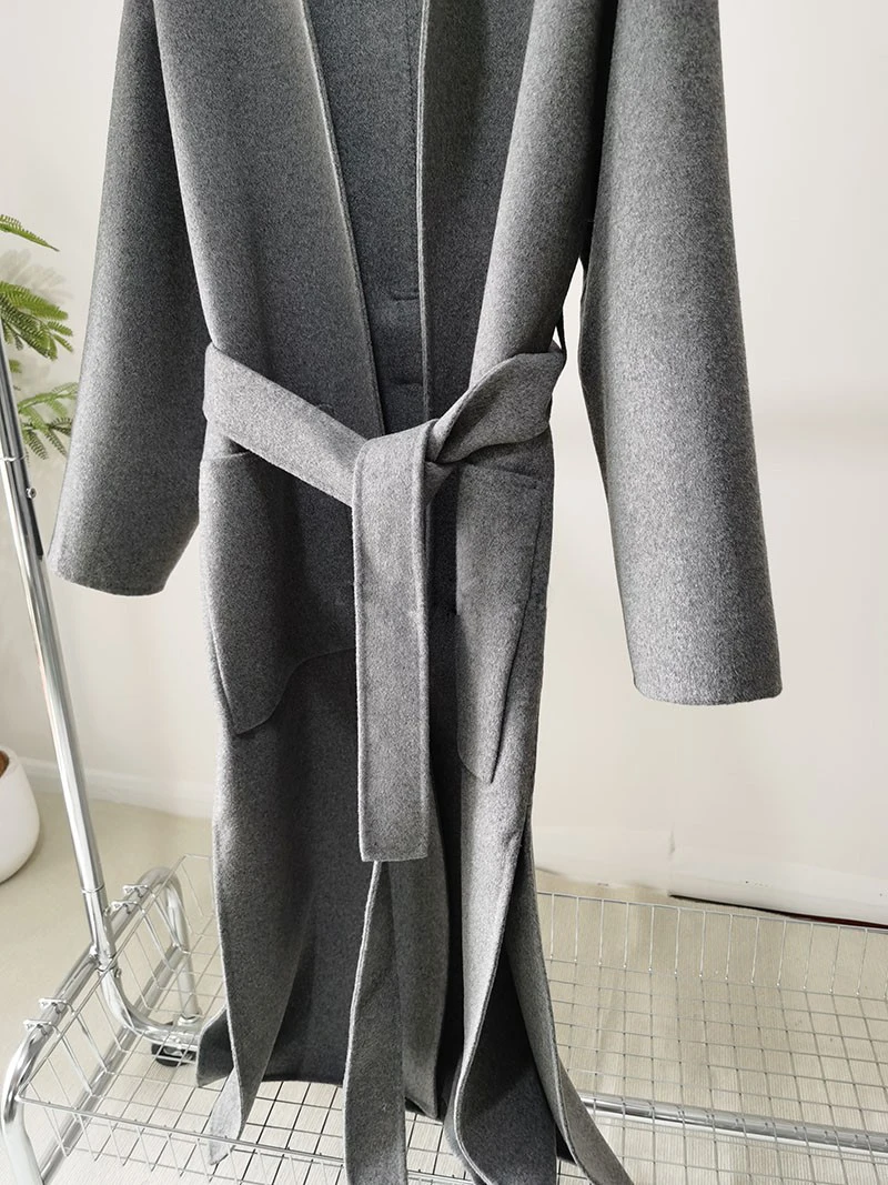 2024 New Autumn Winter Wool Coat Women O-Neck Woolen Coat Female Casual Gray Wool Coat Long Sleeve With Belt Long Overcoat