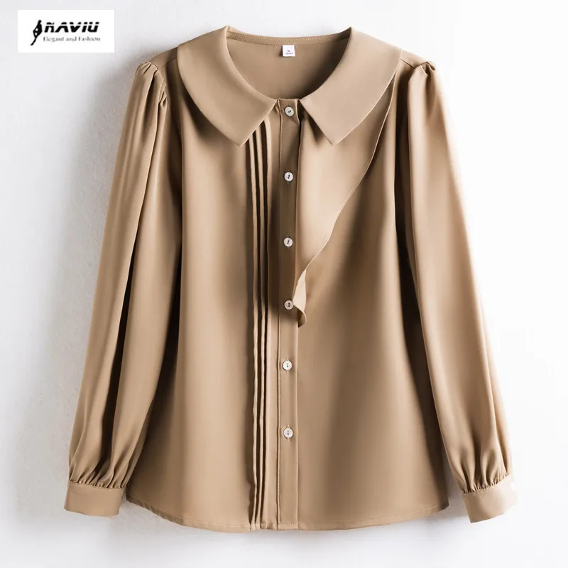 

NAVIU Peter pan Collar Women Long Sleeve Coffee White Ruffle Blouse Spring New Ladies Top Fashion Casual Office Female Shirts