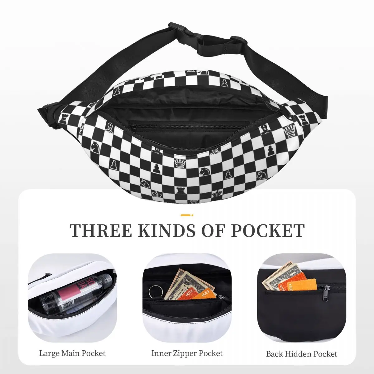 Custom Casual Chess Fanny Pack for Traveling Women Men Chessboard Game Sling Crossbody Waist Bag Phone Money Pouch