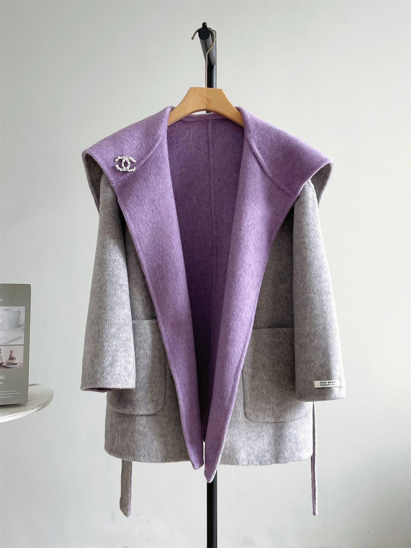 

2025 Autumn Winter New Cape Double Faced Cashmere Patchwork Color Coat Women Real Wool Blend Tweed Outerwear Female Coat