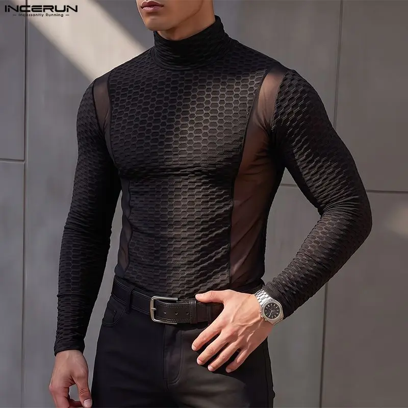 INCERUN Men T Shirt Mesh Patchwork See Through Turtleneck Long Sleeve Male Tee Tops Streetwear Sexy Fashion Party Tops Camisetas