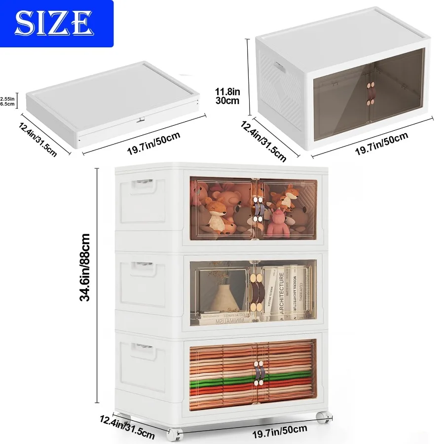 

Premium 4-Tier Stackable Plastic Storage Bins with Lids, Foldable Closet Organizers for Home Office Dorm Use, Versatile Wheeled