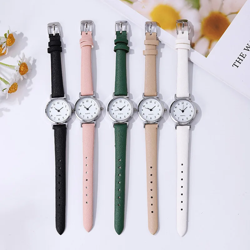 5 Colors Vintage Womens Watches Fashion Circle Student Quartz Watch Bracelet Green Dial Simple Leather Luxury Women Watches Gift