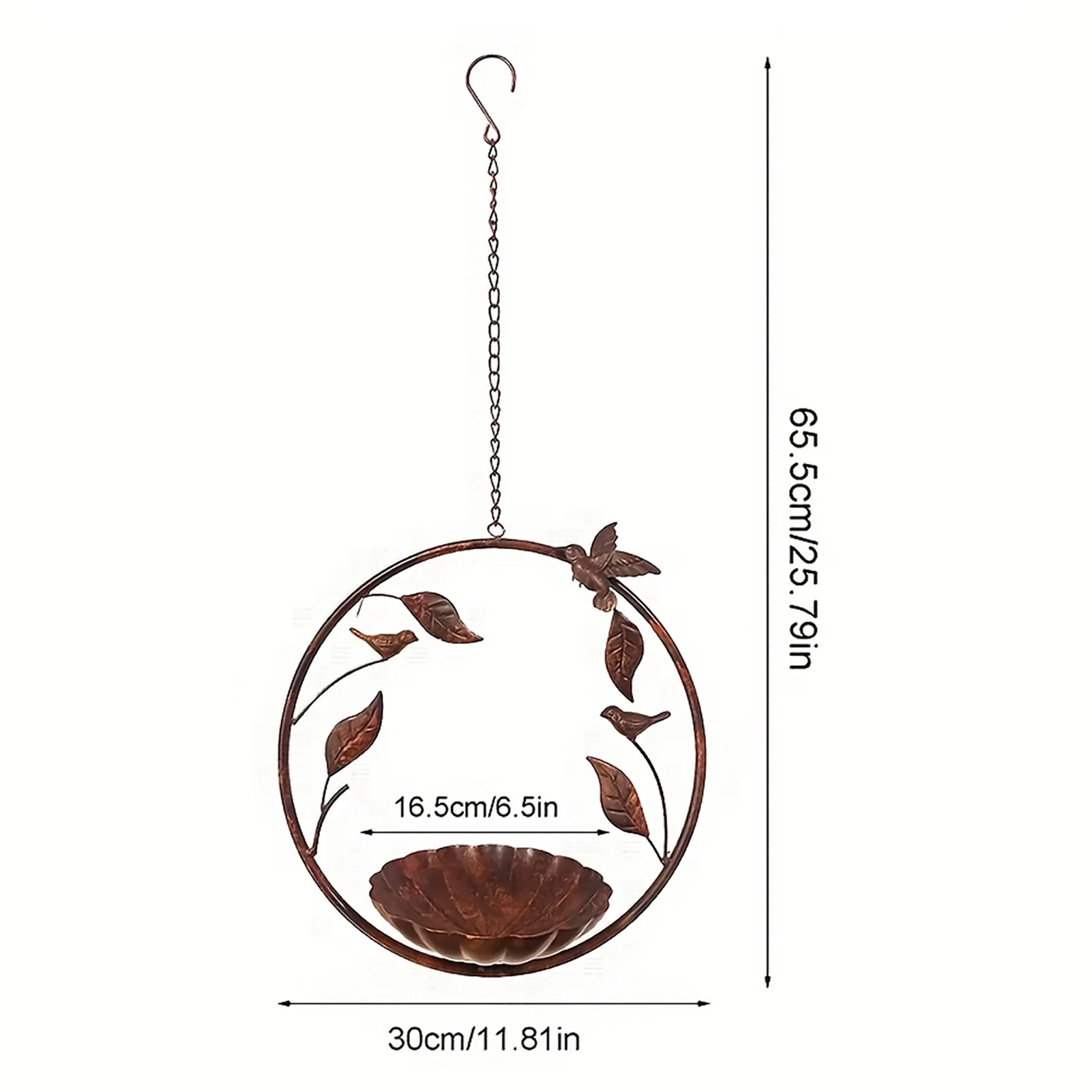 Rustic Iron Bird Feeder with Branch & Leaf Motif, 65.5cm Hanging Decor, 30cm Round Tray for Outdoor Gardens & Courtyards