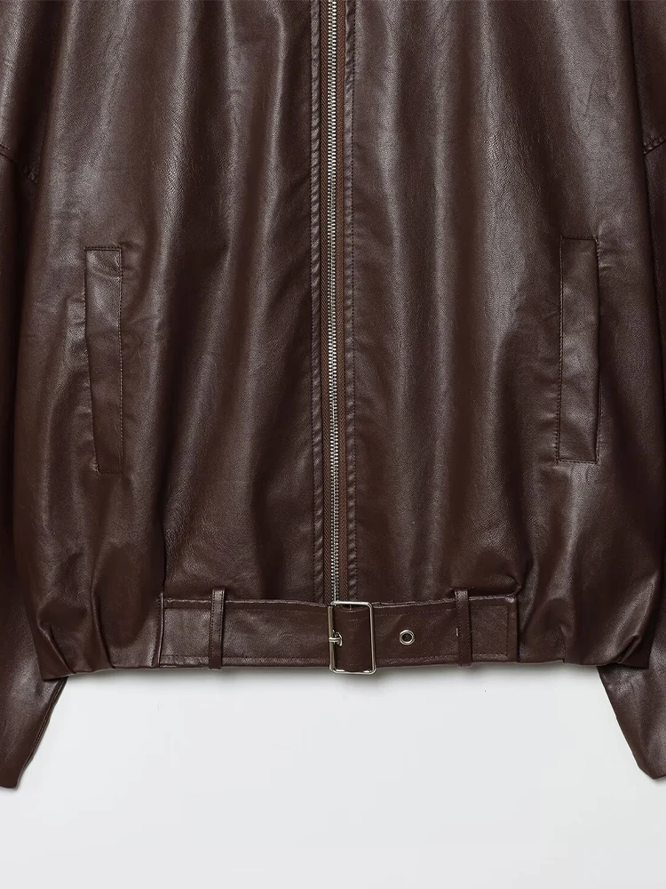欧米風2025年秋新作レディースレトロルーズカジュアル気質シンプルベルトポケット付きイミテーションレザージャケット