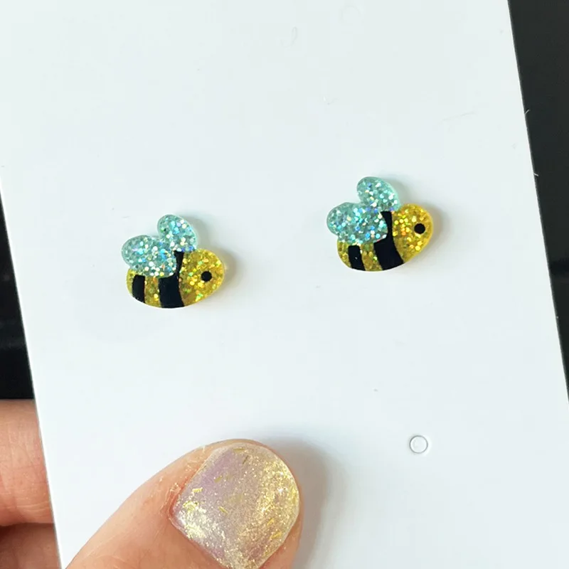 10 Pairs Colorful Glitter Acrylic Floral and Cute Bee Spring Summer Stud Earrings Women Jewelry Gifts Wholesale