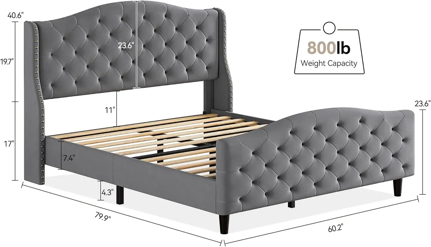 Trailblaze Queen Size Bed Frame, Upholstered Bed With Button Cluster Headboard, Made Of Velvet+Steel Frame, No Springs