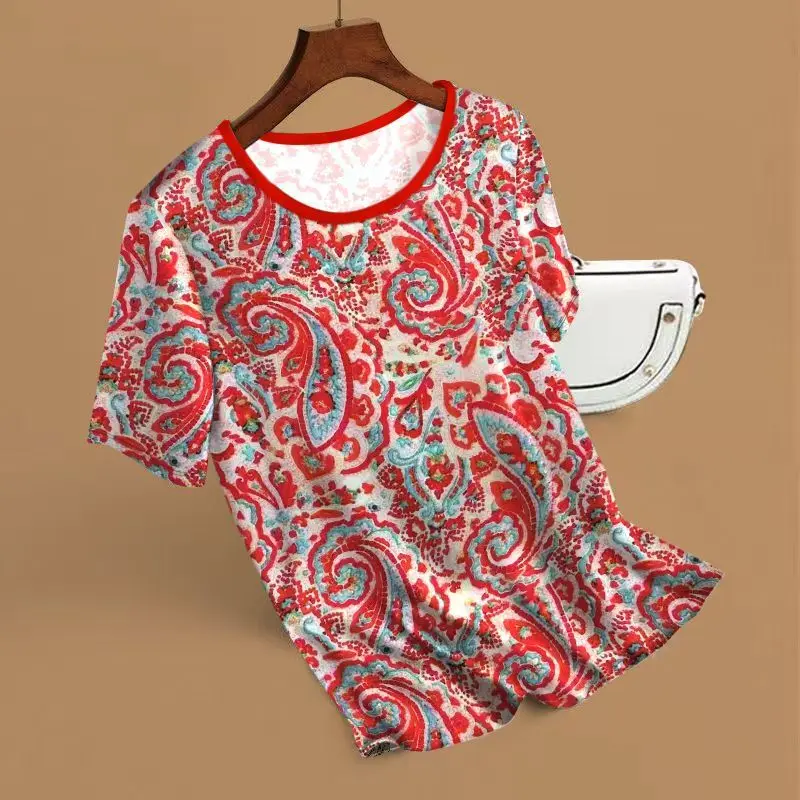 SYsYouthfully Summer 3d Fllower Printed Top Women Loose Short Sleeve T Shirts Ice Silk Polyester Casual Thin Outdoor Homewear view 3
