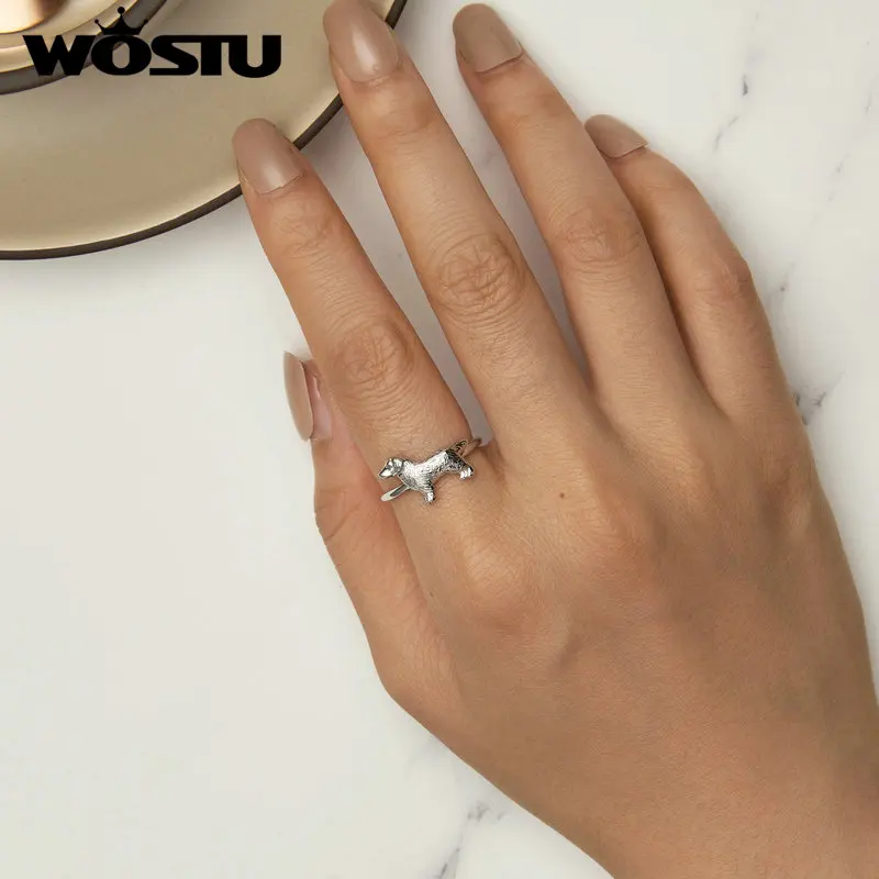 WOSTU 925 Sterling Silver Golden Retriever Dog Adjustable Rings for Women Lovely 3D Pet Animal Ring Girl Birthday Family Gift