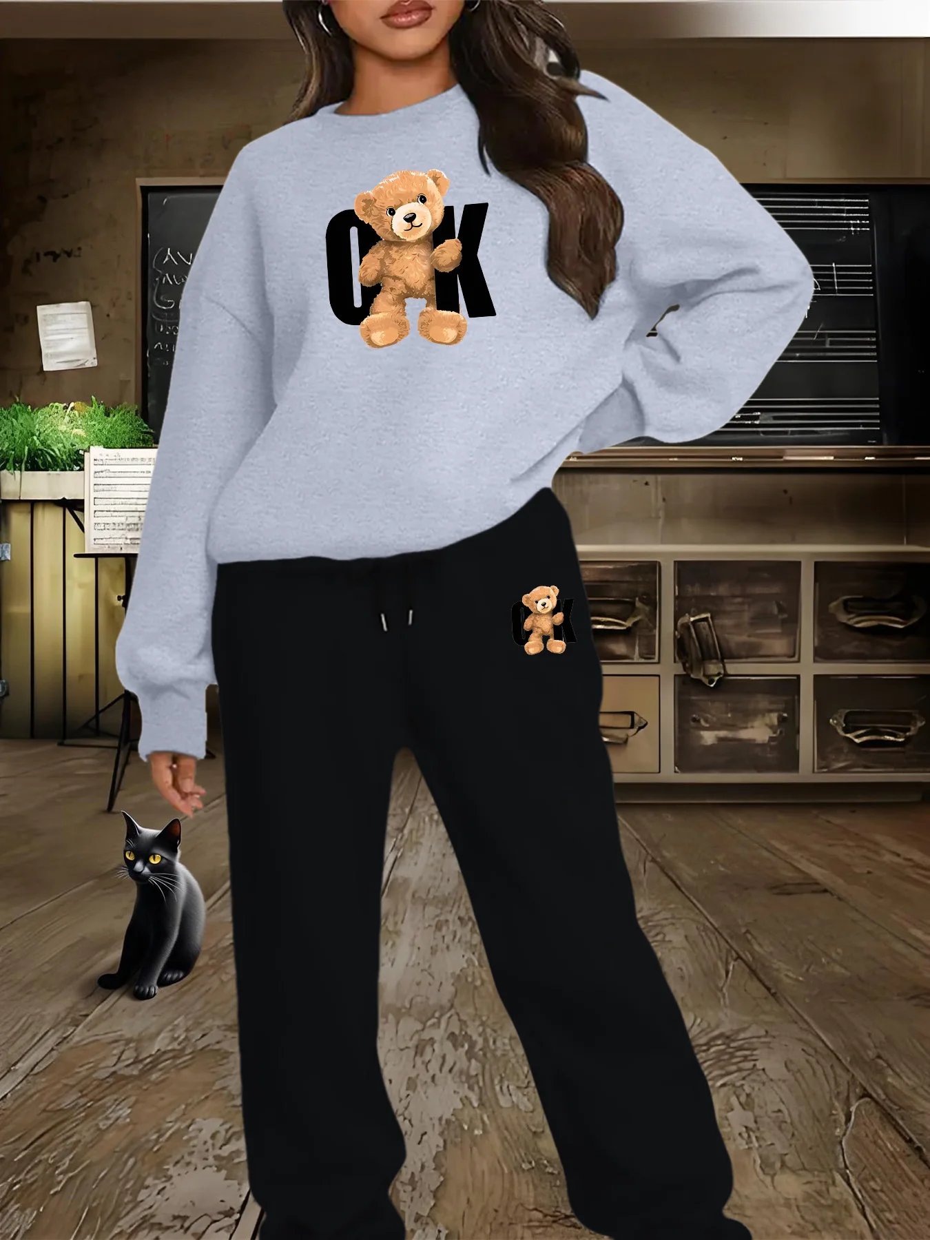 Sudadera de cuello redondo estampada a la moda urbana informal hip-hop de otoño e invierno para mujer + pantalones de chándal traje cálido