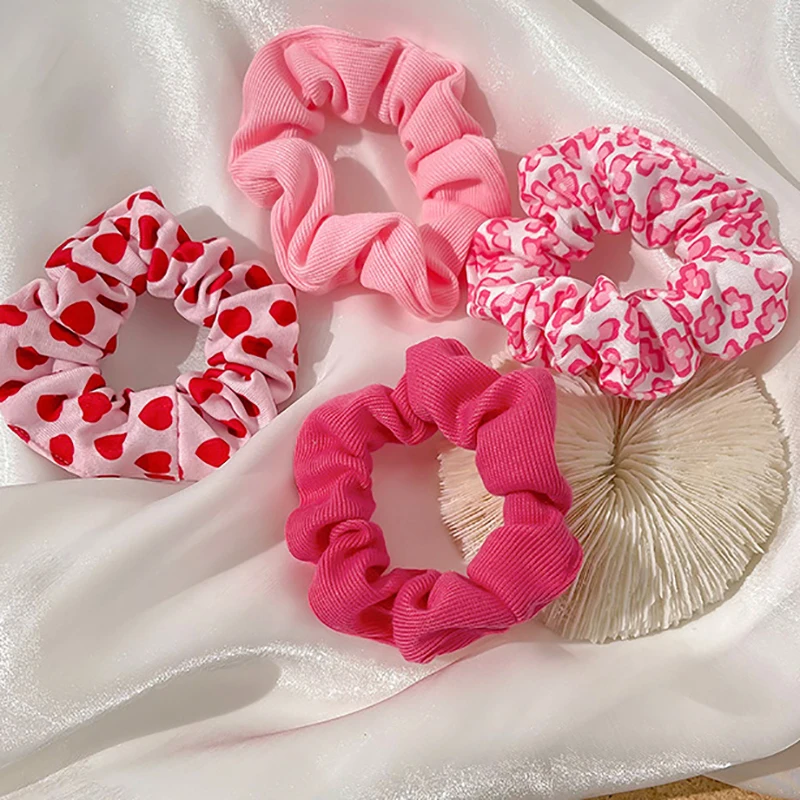 Pink Series Women Scrunchie Elastic Multicolor Hair Band Ponytail Holder Headband Hair Accessories Heart Flower Hair Ties