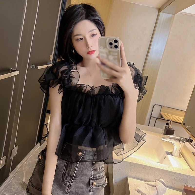 Women\'s Summer Mesh Chiffon bubble Sleeve Top French Sweet Fashionable Square Neck Short Women\'s One Shoulder Top