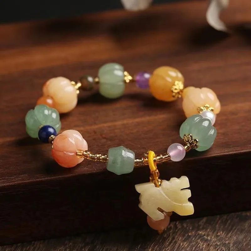 Golden Silk Jade Bracelet, Elegant and Luxury, Colorful Bracelet, Pumpkin Beads, Pixiu Hanging Gourd Bracelet, Hand Bracelet