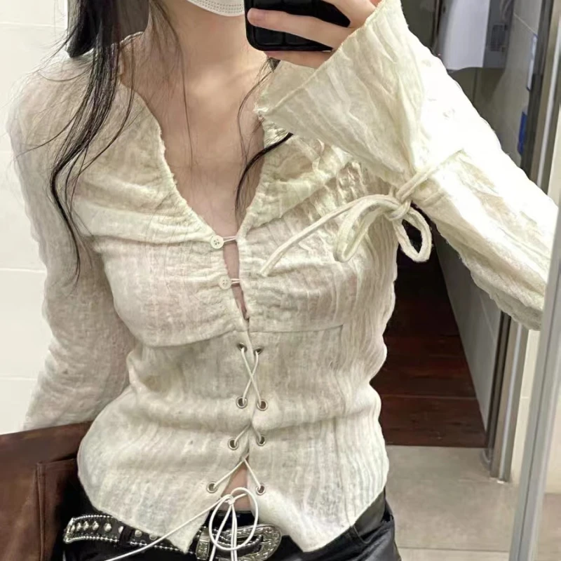 Y2K Bandage Slim T Shirts Long Sleeve Hollow Out Solid Color Sexy Tops Tees Fashion Vintage Women Clothing Spring Autumn New