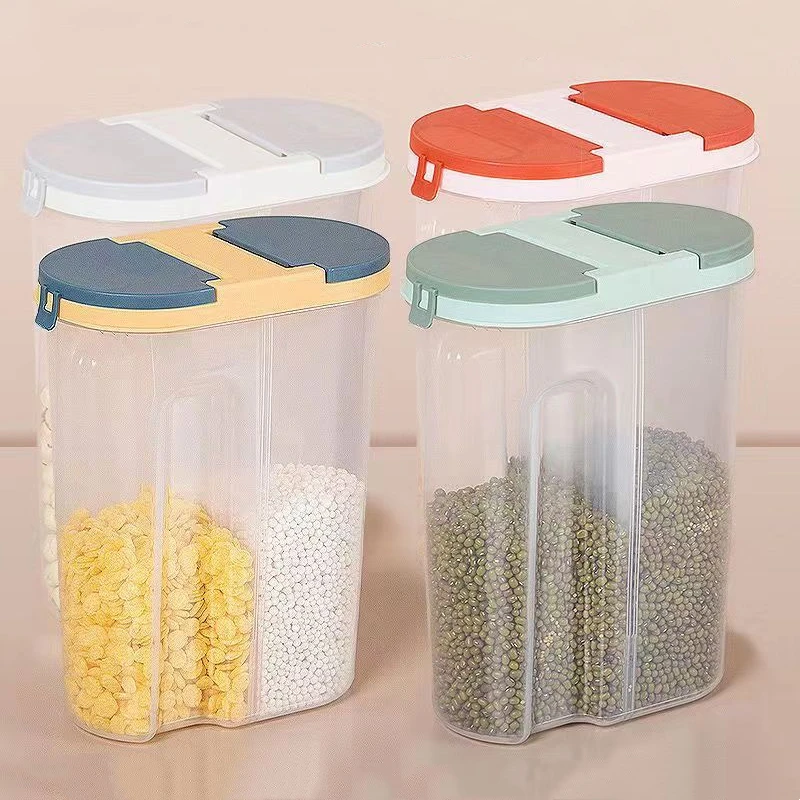 Double Grid Plastic Cereals Food Storage Jar Container Kitchen Organizer Eco Friendly Cookie Box Dried Grains Tank with Lids