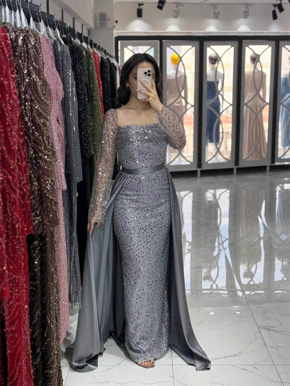 Cathy Customized Sliver Sequins Mermaid Prom Dress Square Neck Long Sleeves vestidos de noiva Detachable Train Evening Dresses