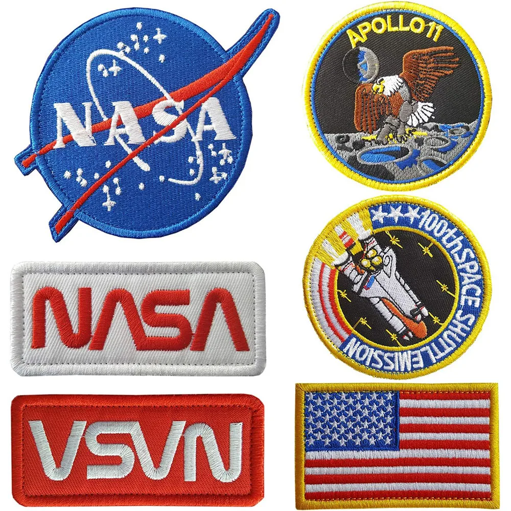 NASA Patches 6 Pieces,Embroidered Iron On/Sew On Space Patches,US Flag Patch,Chenille patch (Iron on/Heat Transfer Backing)