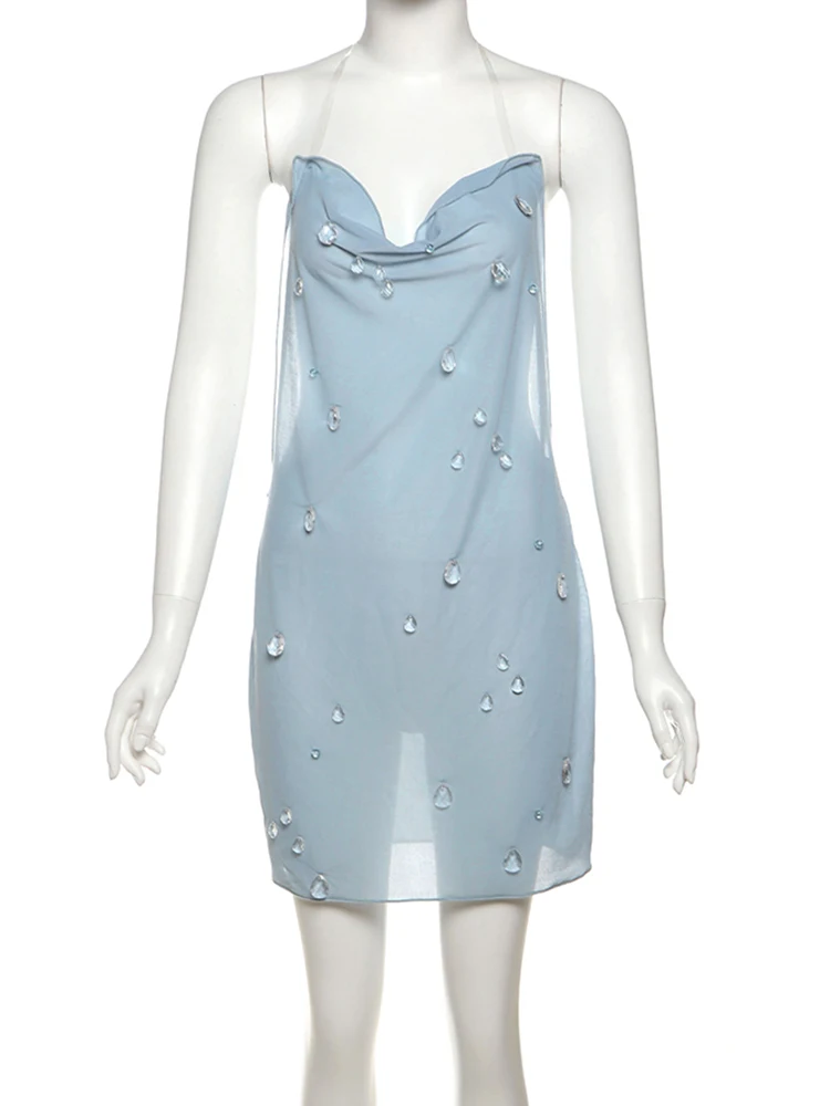 Vestido pequeño de decoración de gotas de lluvia sin espalda para mujer con cuello bajo Sexy ver a través de la media noche Hipster Mini Bodycon