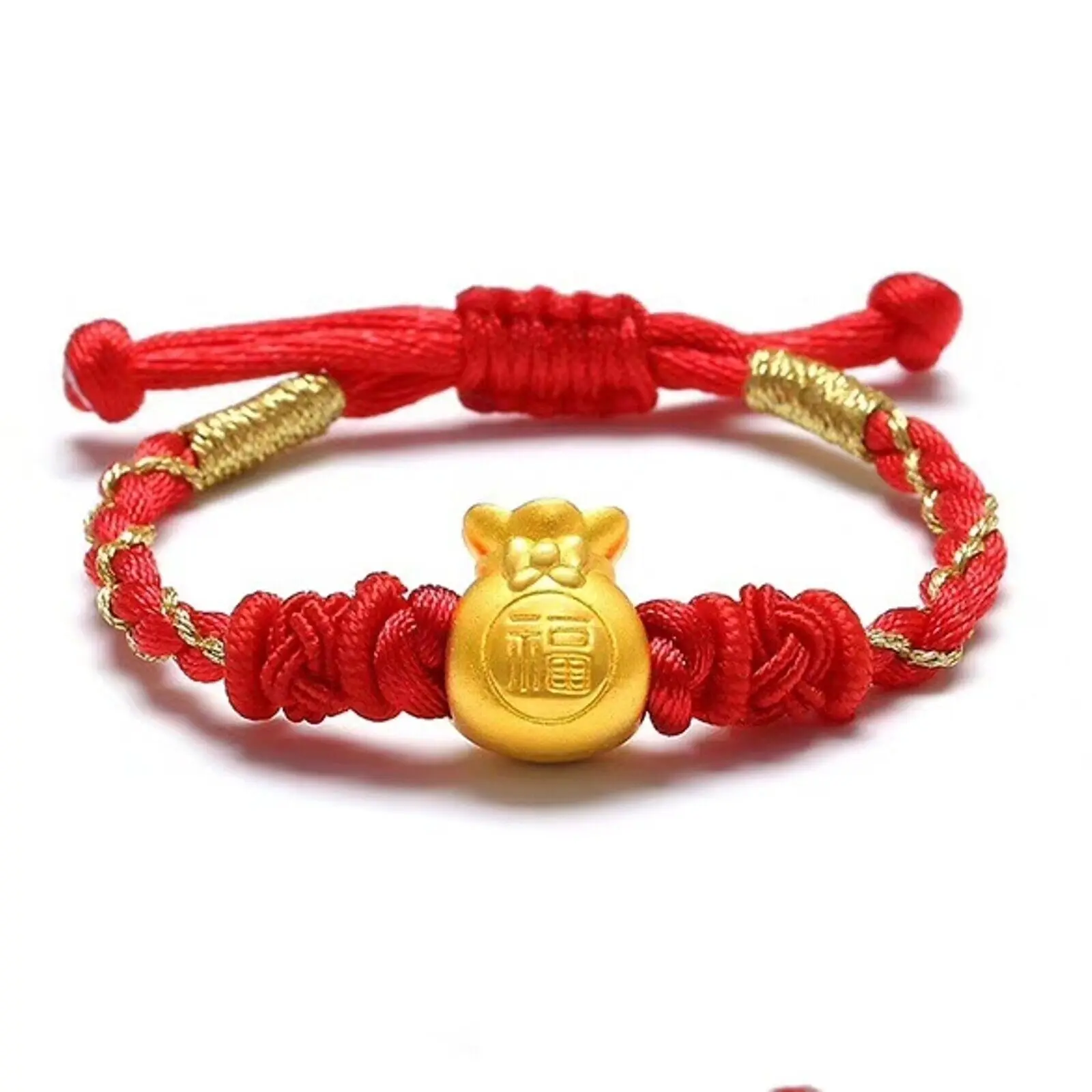 1pcs 999 24K Yellow Gold Bracelet For Women 3D Blessing Money Bag Red String Bracelets 16cm Length