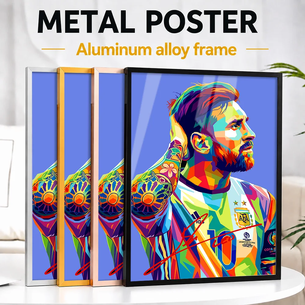 Lionel Messi Pop Portrait Framed Metal Poster Personalized Geometric Illustration Wall Art For Sports Lounge And Home Office