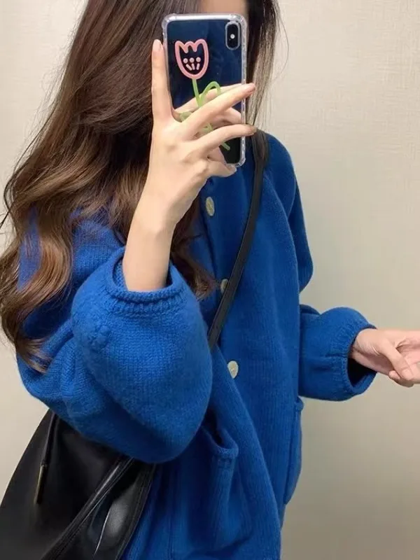 Klein Blue Knitted Open Cardigan Women's Loose Versatile Outerwear Autumn Winter New Style Lazy High-End Feeling Casual Sweater