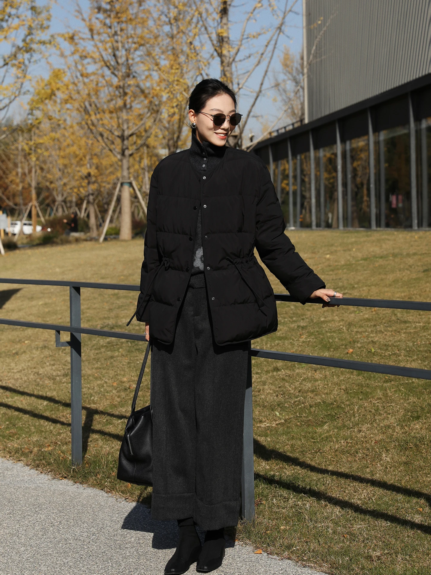 

Ele Bla Dstring Waist Goose down Jaet Lightweight Fluffy Mid-Length Outerwear for Women Sli Commute Sle