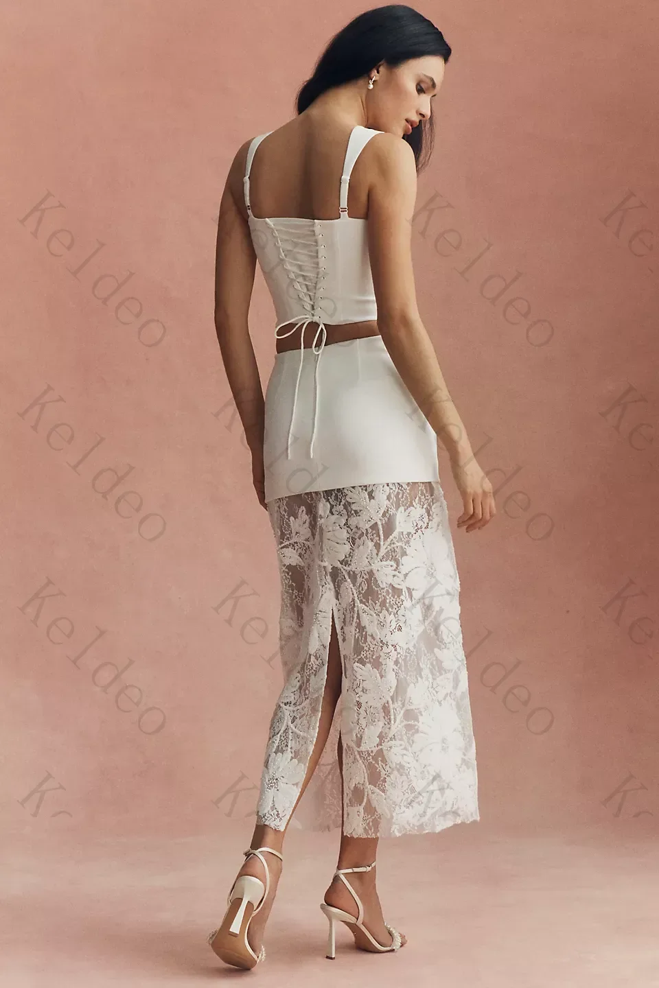 Customized Modern Two‑Piece Wedding Dresses Square Spaghetti Strap Lace‑Overlay Midi Skirt Back Lace‑Up Ankle‑Length Bridal Gown