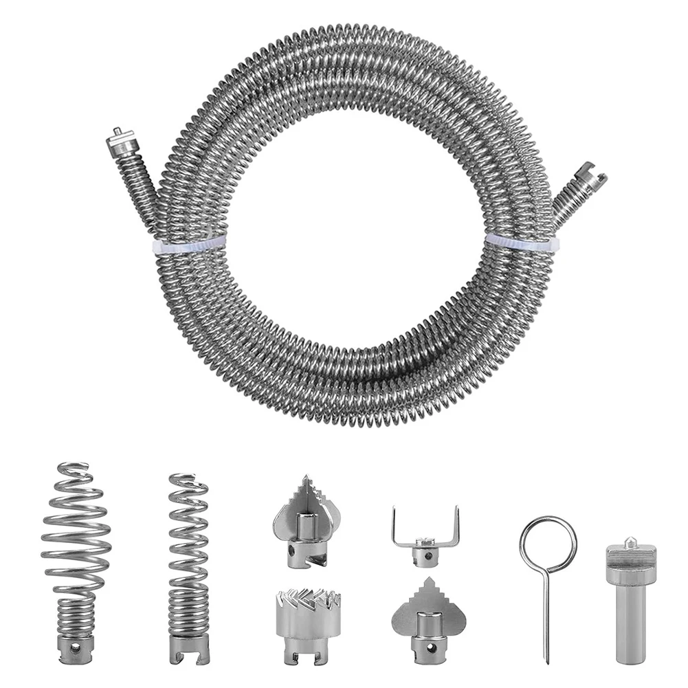 Steel Pipe Cleaning Spiral With 6 Interchangeable Cutting Heads For Electric Drain Cleaning Machine 12mm Diameter