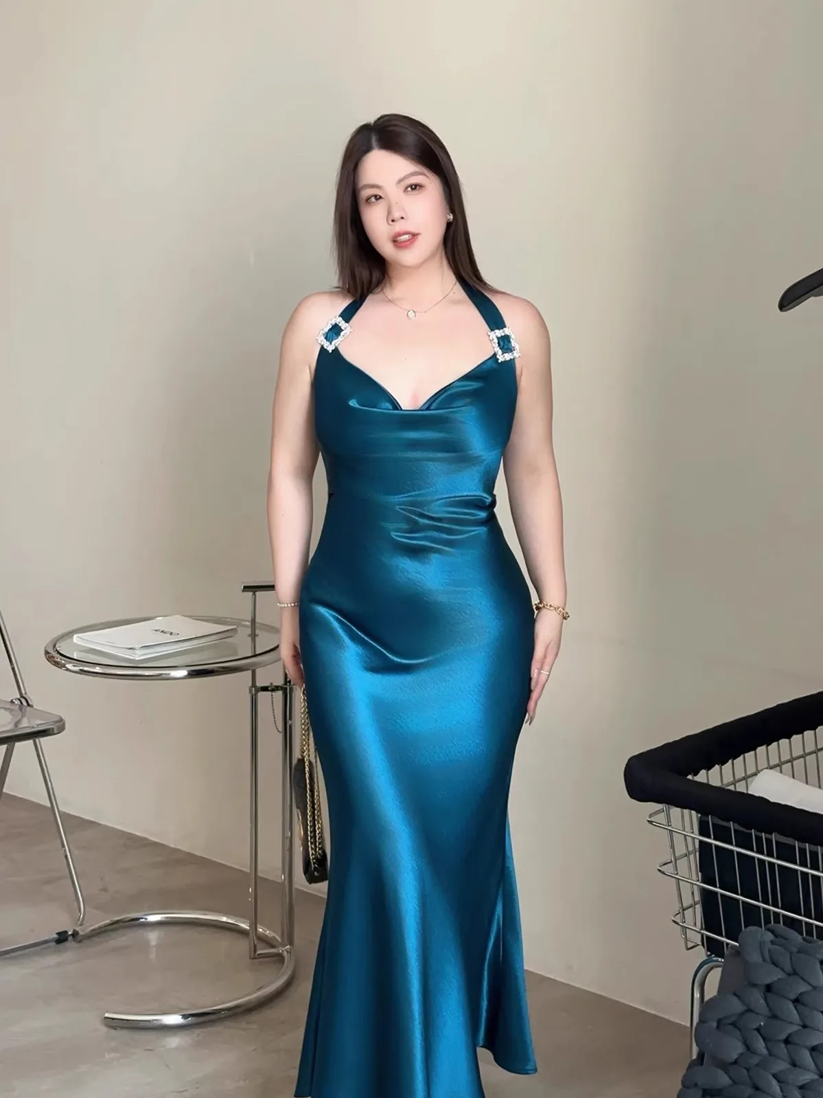 

Summer New Style Women's Diamond Buckle Satin Halter Neck Gown Large Size Strapless Dress High Waist A-Line Skirt Long Dress