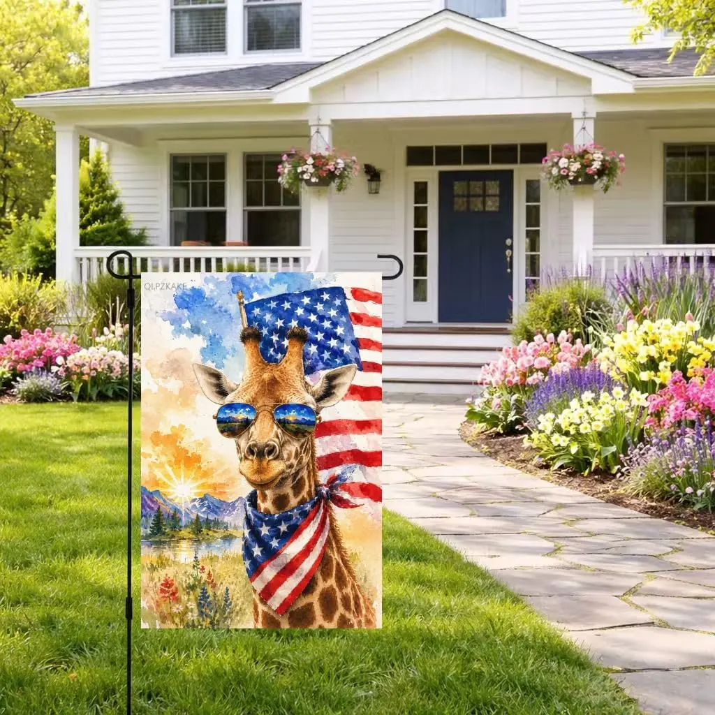 Giraffe Garden Flag 12x18 Inch Outdoor Yard Decor Double Sided Linen Welcome Sign Americana Red White Blue Farmhouse Flag fo kkz
