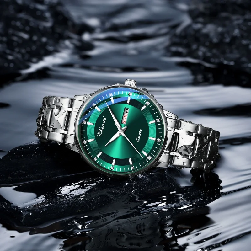 Chenxi 601 moda masculina relógio de quartzo calendário esportivo luminoso pulseira de aço inoxidável à prova dwaterproof água simples relógios de negócios para homem