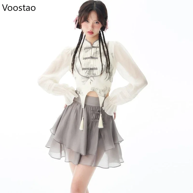 

Vintage Chinses Style Skirt Sets Women Sweet Elegant Floral Print Shirt Tops Mini Skirt Hanfu Suit Female Casual Y2k 2 Piece Set