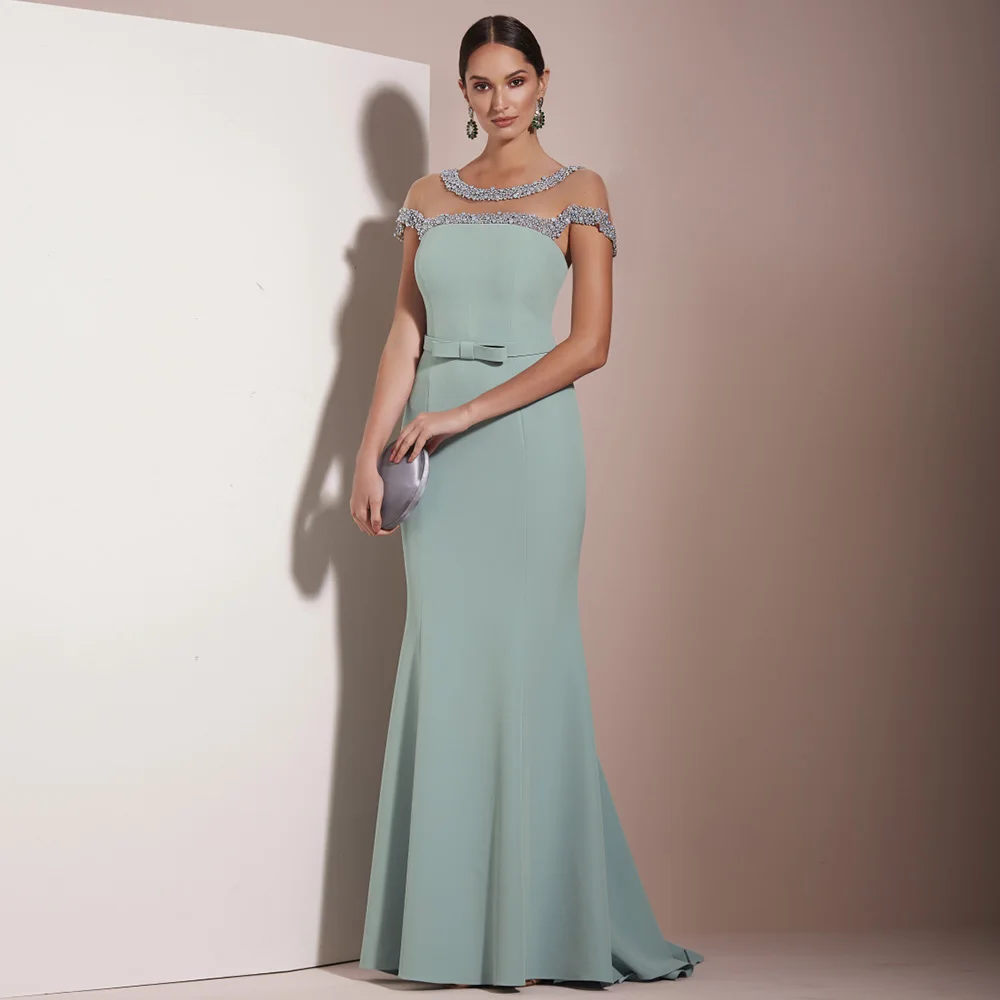 

Light Green Wedding Guest Dresses for Women 2023 Beading Scoop Mermaid Mother of the Bride Long Cap Sleeves Evening