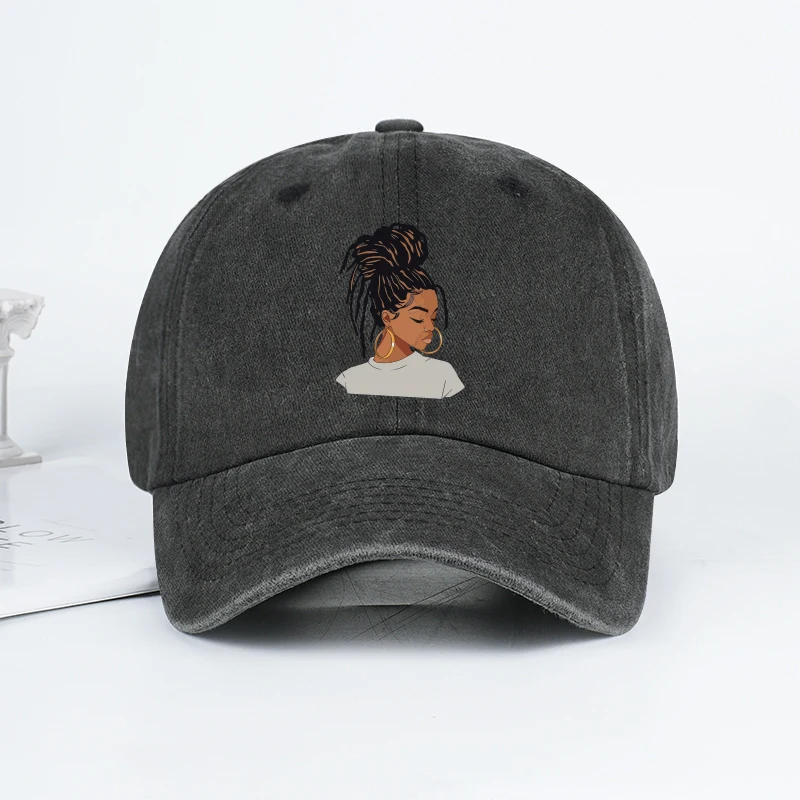 Vintage-Washed Baseball Cap with African Queen Print – Adjustable, Perfect for Everyday Street Style and Girly Looks