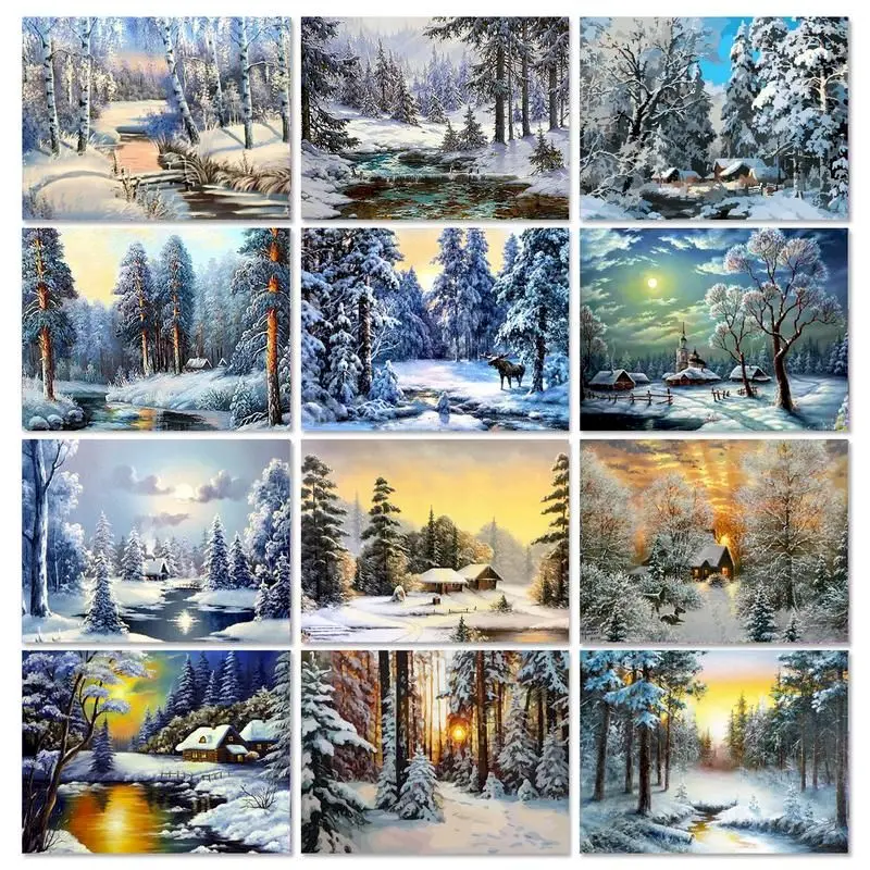 Painting By Number Snow Landscape Drawing On Canvas HandPainted DIY Winter Picture Kits Home Decoration Christmas Gift