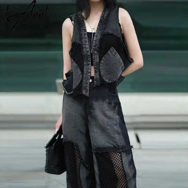 

Tannt Women Pant Sets Asymmetry Hollow Out Sleeveless V-neck Short Overcoat Fashion Irregular Hole Long Jeans Two-piece Suit