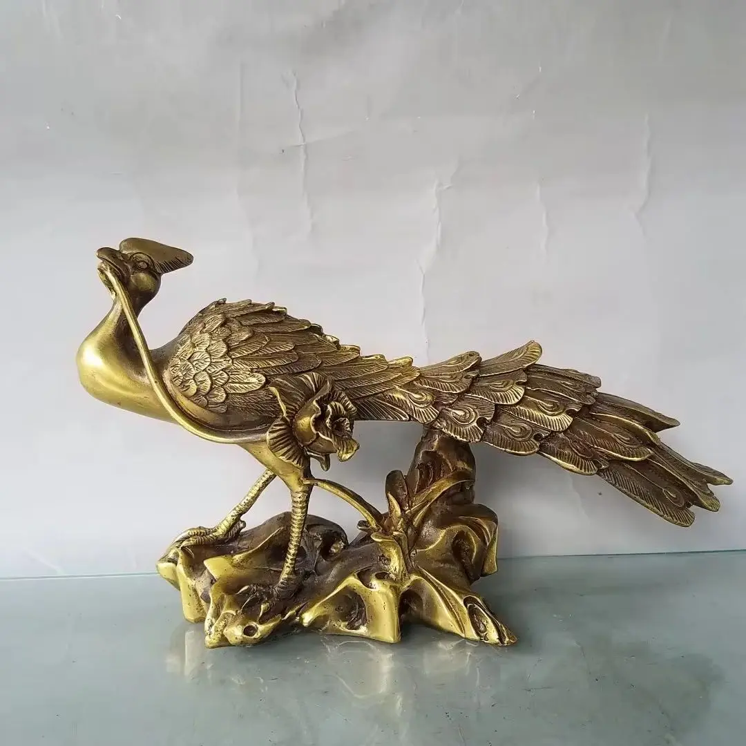 

10"Tibetan Temple Collection Old Brass Phoenix Statue In its beak Lotus flower Divine beast Amass wealth Ornaments Town house