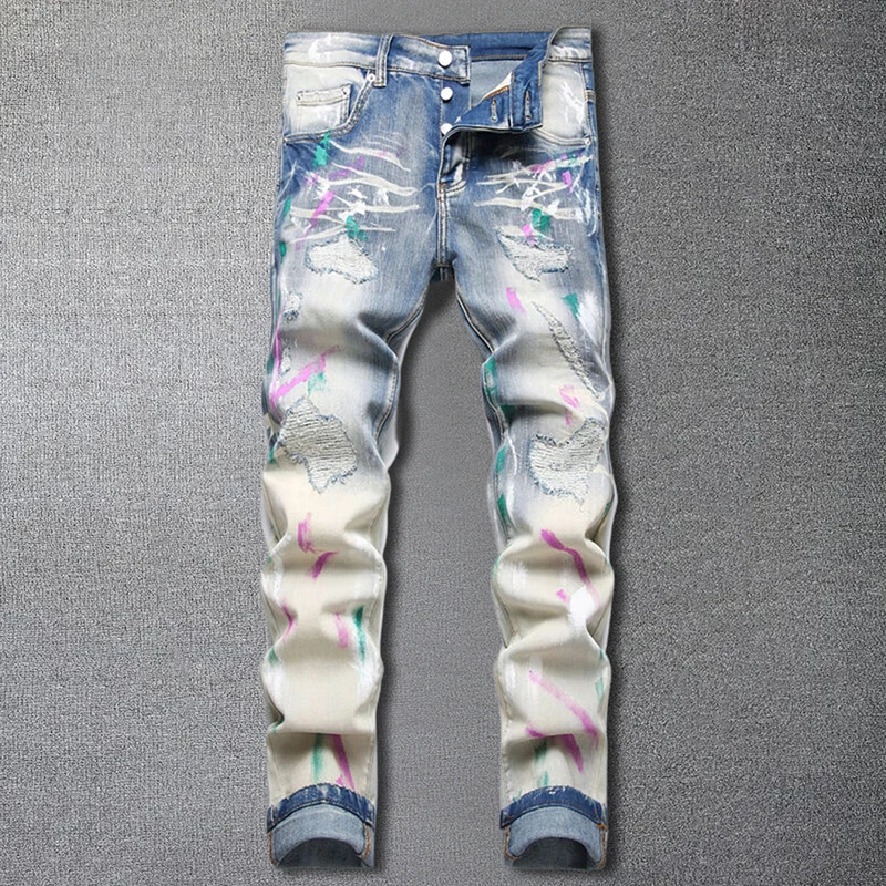 

2024 Spring Blue Splash Ink Skinny Trouser Men Elastic Patch Ripped Denim Jean Streetwear Homme Patchwork Stretch Men Pants Jean