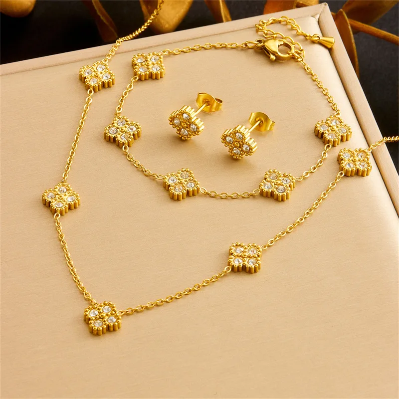 316L Stainless Steel Zircon Golden Flowers Necklace Earrings For Women Girl New Trend Non-fading Jewelry Set