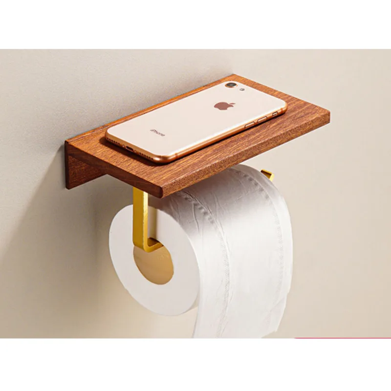 Vintage Style Thickened Solid Wood Roll Paper Holder Without Punching Toilet Paper Phone Holder Wall Mounted Tissue Holder