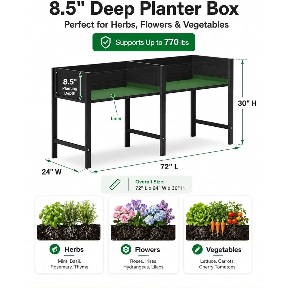 Elevated Garden Bed with Legs: Waterproof Outdoor Planter Box with Drainage for Patio/Balcony, 72x24x30 Inch, 770 lbs Capacity,