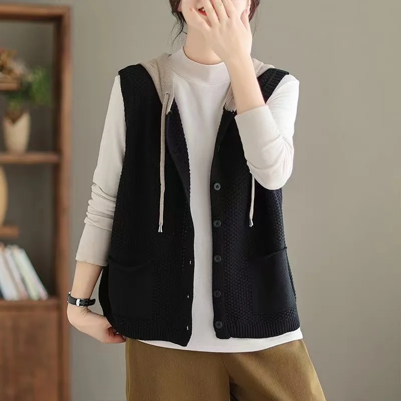 2024 New Hooded Knitted Vest Coat Women\'s Spring Autumn Sweater Sleeveless Jacket Design Sense Fashion Waistcoat Tide Female Top