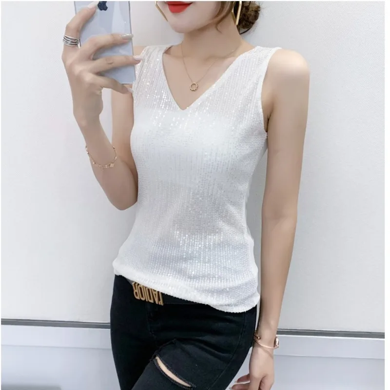 #7108 nero bianco paillettes canotta donna scollo a v Sexy Slim canotte senza maniche estate Basic Party Top Femme sottile S-3XL